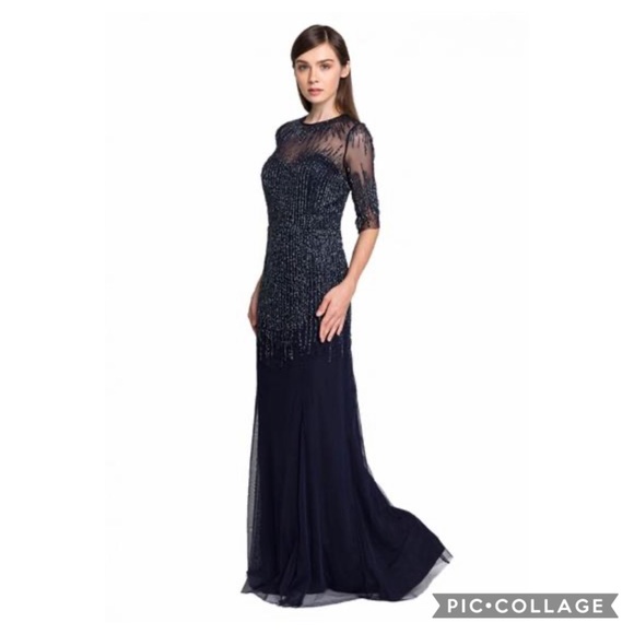 Adrianna Papell beaded 3/4 sleeves illusion sweetheart neck long gown - Picture 3 of 15